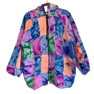 Kembali Vintage Tie Dye Patchwork Hippie Jacket Hooded Full Zip Festivalwear 1X